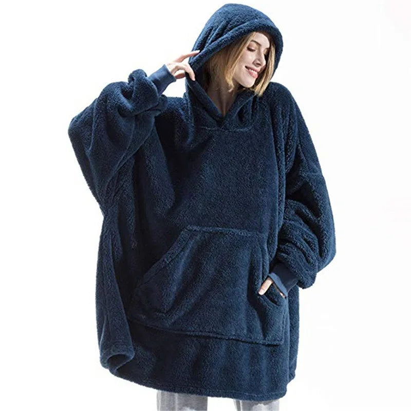 Winter Oversized Fleece Hoodie Blanket with Pocket