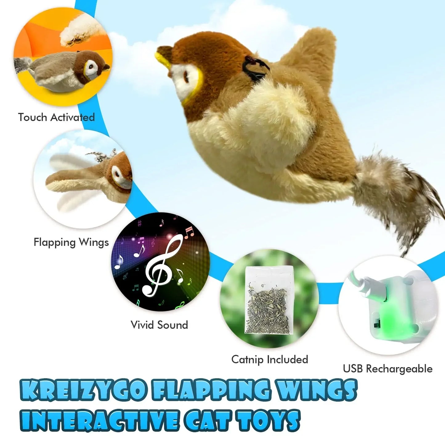 USB Rechargeable Flying Bird Cat Toy with Chirps